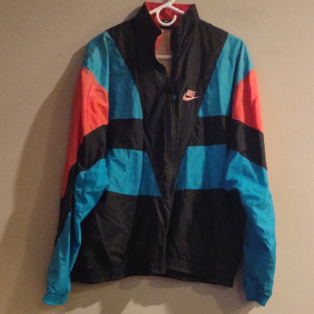 Vintage 90's Nike Men's Large Teal/Black/Coral Pink Color Block‎ Windbreaker